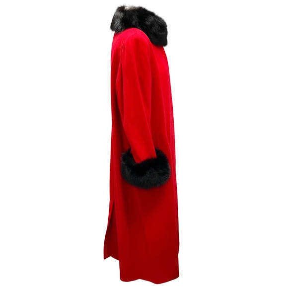 FLEURETTE RED / BLACK FUR TRIMMED MID LENGTH LAMBSWOOL COAT - Picture 2 of 6